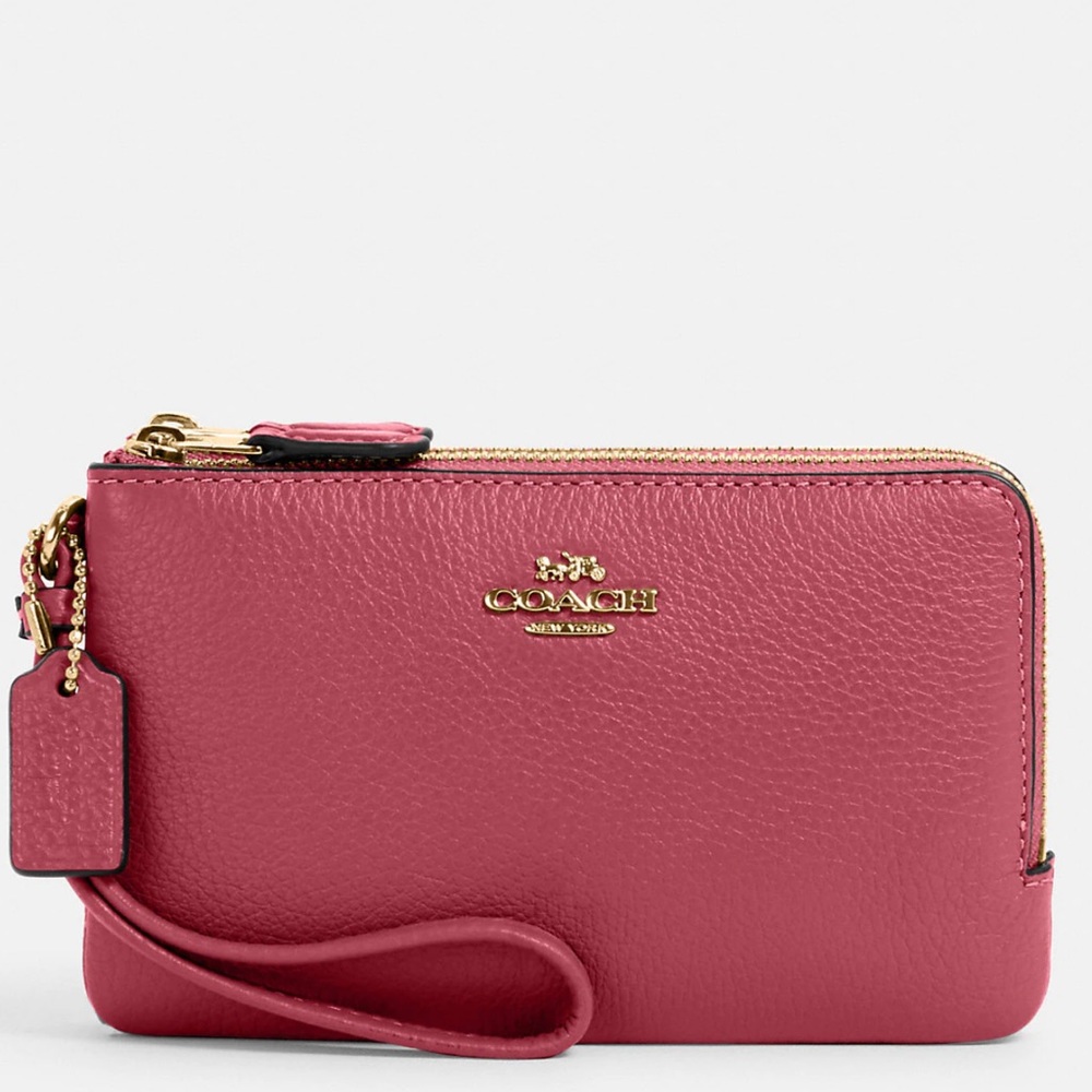 NEW AUTHENTIC COACH DOUBLE CORNER ZIP WRISTLET 100% LEATHER NEW COLOR IM/ROUGE